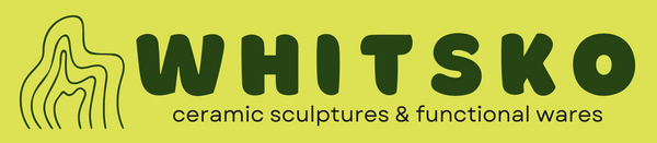 Logo of WHITSKO on a green background with text 'ceramic sculptures & functional wares'.